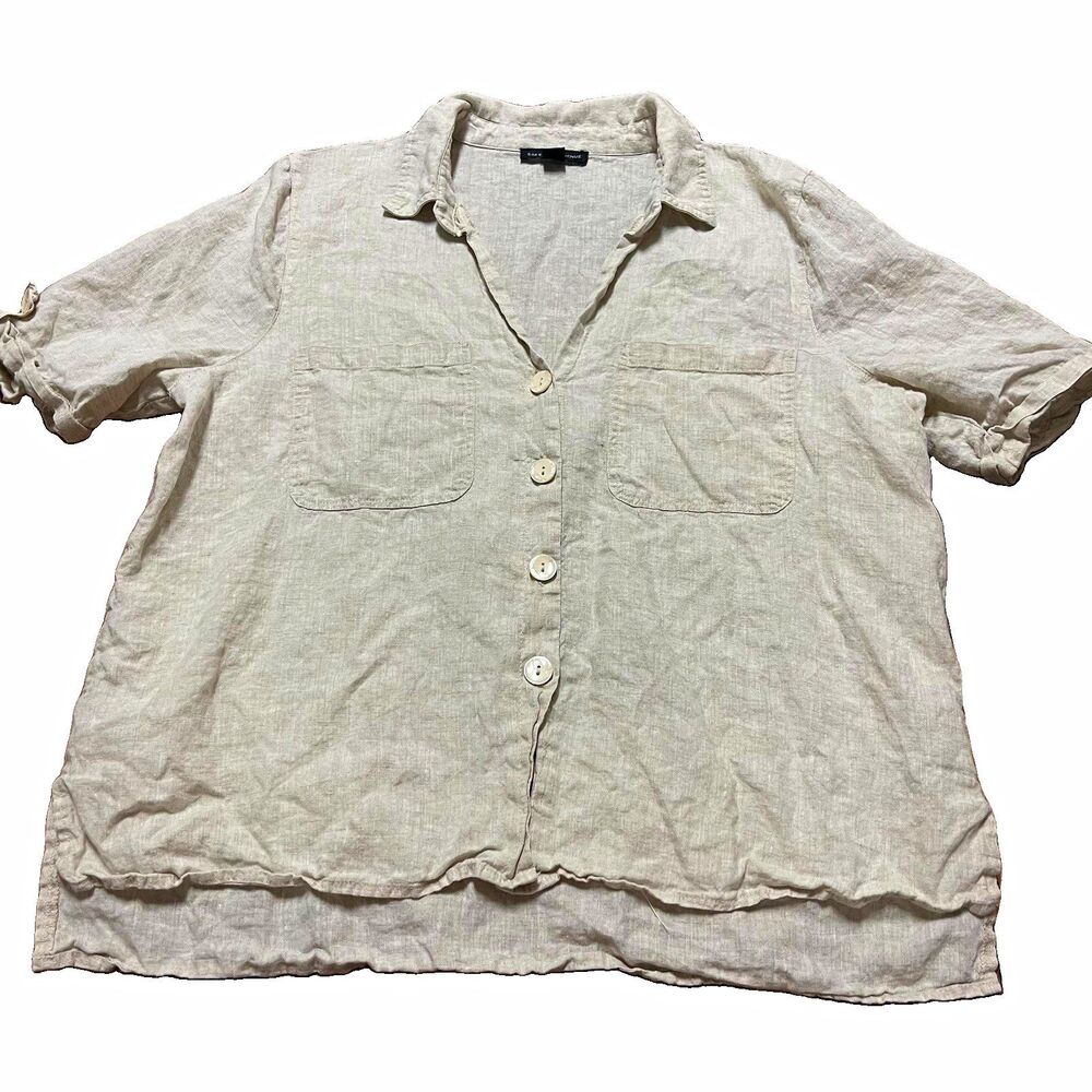 Saks Fifth Avenue Women’s L Beige 100% Linen Short Sleeve Shirt Capsule Natural